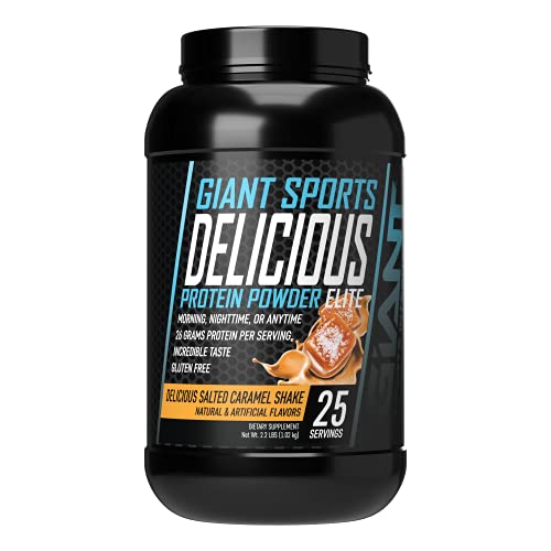 Proteínas, GIANT SPORTS | Delicious Elite Protein Powder | 25 Porciones | Sabor Batido de Caramelo Salado | 2.2 lb (1.02 kg) | 26 g de Proteína por Porción | Hecho en...