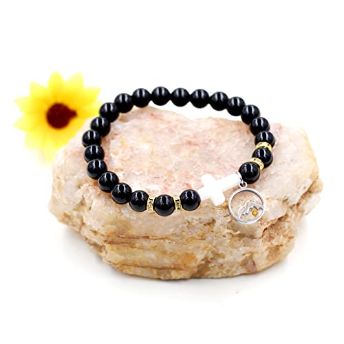 Image of Uloveido Black Agate Side Cross Bracelet Mustard Seed Charms, Personalized Letter A-Z Tiger's Eye Bangle Y944