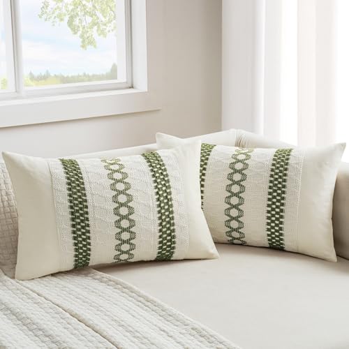 Image of MIULEE Set of 2 Moss Green Boho Decorative Lumbar Pillow Covers 12x20 Inch | Farmhouse Couch Throw Pillows Modern Summer Cushion Covers Macrame Woven Spring Decor for Bed Sofa Chair