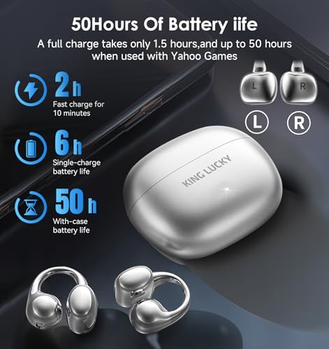 Image of King Lucky Next-gen Clip on Earbuds Open Ear Wireless Bluetooth 6.0 Headphones with Mic,50H Play,ENC,IPX5 Waterproof,Sports Ear Buds,Comfortable for Small Ears&Fitness,Run (Silver, Standard)