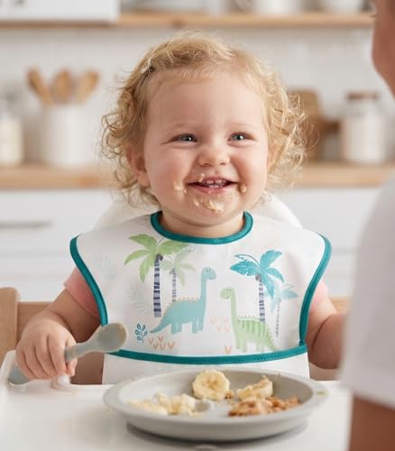 CIVARUA KIDS 3-Pack Waterproof Baby Bibs for Eating - Mess Proof Lightweight Toddler Feeding Bibs with Large Food Catcher, Food-Grade Baby Eating Essentials, Easy to Put On & Clean(Blue Dinosaur) — view 2