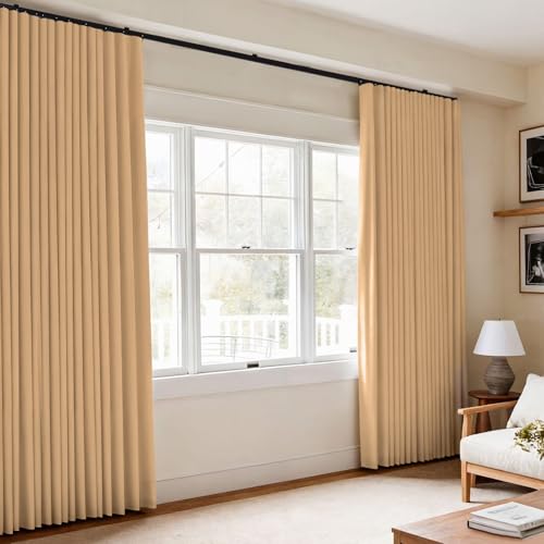 Image of Room Divider Blackout Curtains Flexible Sliding Tracks Sets Ceiling Mounted Rod Window Curtain Privacy Separation for Bedroom Living Rooms,1 Panel Khaki Drape and Black Track Set-W108xH108 in