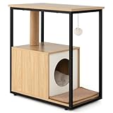 GYMAX Table d'Appoint & Condo pour Chat & Arbre à Chat 3-en-1, Maison de Toilette avec Griffoir en Sisal, Balle de Jeu Suspendue, Coussin Amovible, Dispositif Anti-basculement (Naturel)