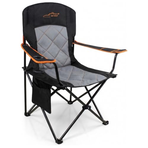 FAIR WIND Oversized Fully Padded Camping Chair, Heavy Duty Quad Fold Chair Arm Chair Support 350 LBS with Cup Holder, Collapsible Lumbar Back Chair Portable for Outdoor, Black