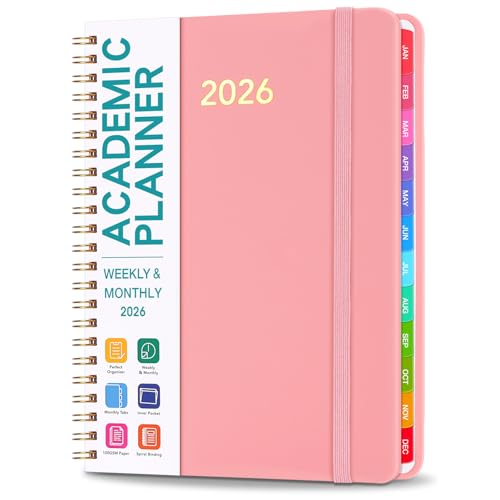 GoldOars 2026 Academic Diary, A5 Weekly and Monthly Planner from Jan 2026 to Dec 2026 with Faux Leather Cover, Month Tabs and Twin-Wire Binding(Pink)