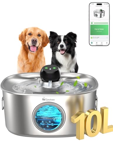 Linvivon Dog Water Bowl Dispenser, 10L/2.64Gal/338 Oz Automatic Dog Water Fountain with APP & 2.4G WiFi, 5-Filtered Stainless Steel Pet Water Fountain Quiet for Large Dogs Inside and Multi-Pet Home