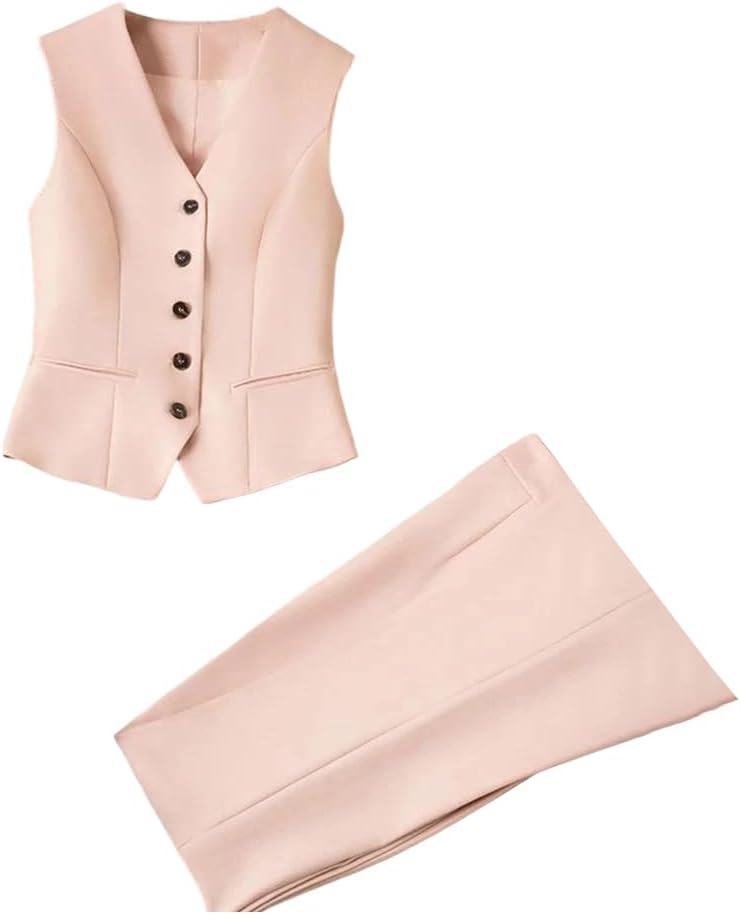 Womens Two Piece Blazer Set Sleeveless Solid Button Down V Neck Waistcoat and Pants for Office Business