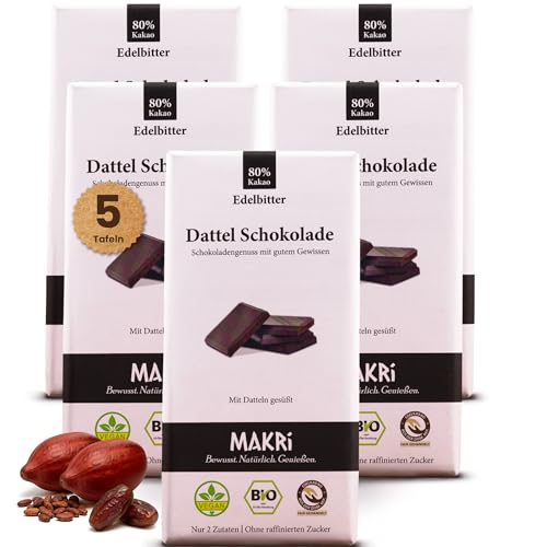 MAKRi Dattel Schokolade | Vegan & Bio Laktosefrei und Glutenfrei Ohne Zusatzstoffe | Dattelschokolade Ohne Raffinierten Zucker Schokolade mit Datteln Gesüßt (Edelbitter 80% 5 Tafeln)