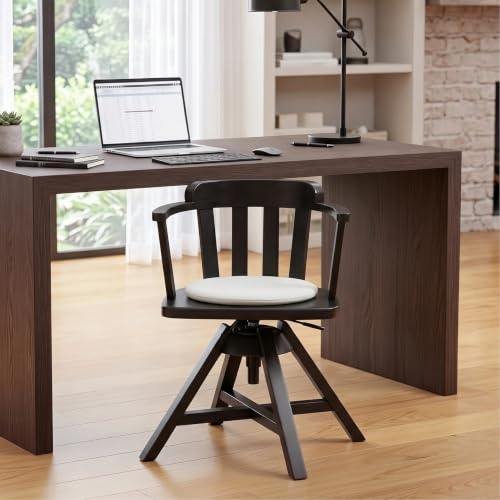 Image of Zesthouse Solid Wood Home Office Desk Chair with Arms, Vintage Office Chair with Adjustable Height, Heavy Duty Desk Chair with Cushion & Slatted Back, Swivel Wooden Computer Task Chair No Wheels Black