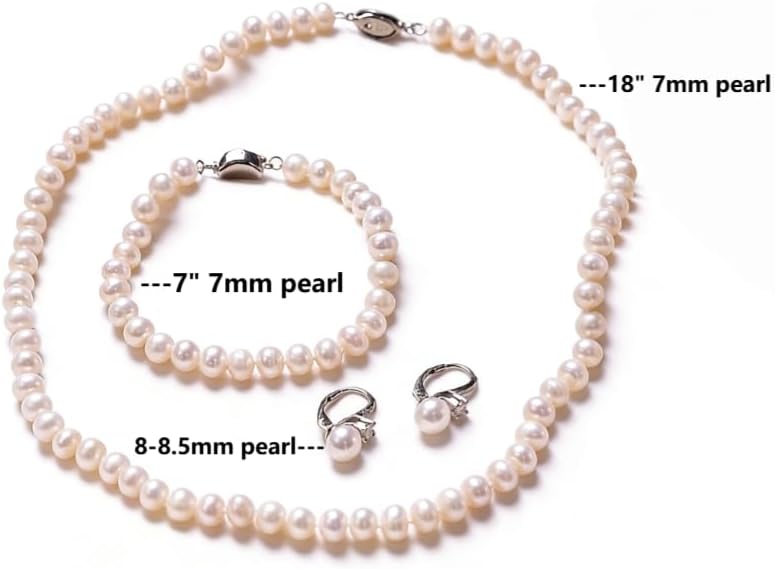Freshwater Pearl Necklace Set Includes Bracelet and Earrings Genuine Pearl Set Jewelry for Women 925 Sterling Silver Pearl Jewelry for Mother's Day, Anniversary, Birthday, Valentine's Day, Wedding