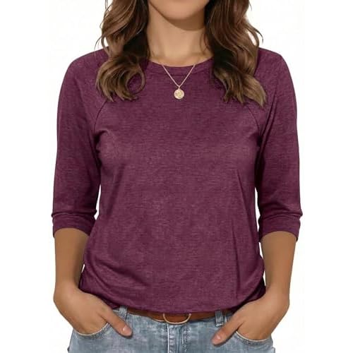 rosemia Womens Shirt 3/4 Sleeve Tops Crew Neck Spring Loose Casual Tshirts Basic Fall Tunic Tops Small G-wine Red