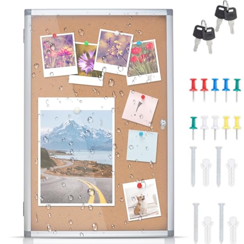 Outdoor Enclosed Cork Bulletin Board Tamper-Proof Dispaly Case, Aluminium Frame, Weatherproof Cork Noticeboard, Enclosed Cork Board for School, Office, Restaurant, Hospital etc?38 * 26inches?