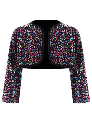 Hularka Kids Girls Boys Metallic Leopard Print Bolero Jacket Open Front Shrug Cardigan Dress Cover Up Dance Coat