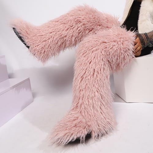 Image of Black Thigh High Fur Boots, Over the Knee Fluffy High Boots, Tall Furry shoes for Women