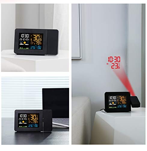 Projection Alarm Clock With Outdoor Sensor,Personal Weather Station For Bedroom, Projector Dimmable Clock Dual Alarms Lcd,12/24H #TOP6