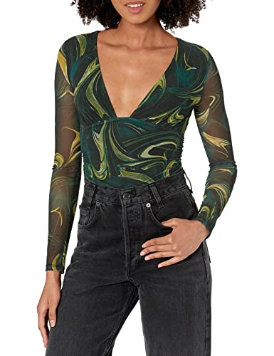 Guess Women's Long Sleeve Luisa Mesh Bodysuit, Dark Marble Print Green, Small #TOP16