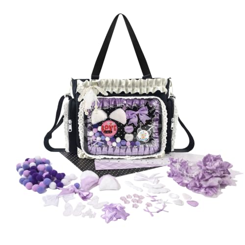 Ita Bag DIY Pin Display Bag with Insert and Accessories 4 Color Anime Kawaii Ita Crossbody Purse with Adjustable Straps Lace Cute Itabag with Clear Pocket Y2K Shoulder Bags for Women(Black)