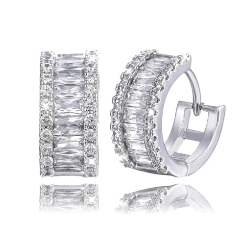 Brilliant Cubic Zirconia Iced CZ Huggie Trendy Hypoallergenic Chunky White Gold Plated 925 Sterling Silver Thick Baguette Hoop Earrings Fine Jewelry Birthday Gifts For Men And Women