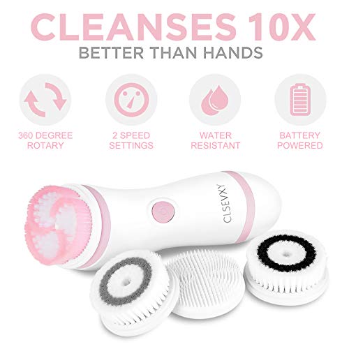 Waterproof Facial Cleansing Spin Brush Set with 4 Exfoliation Brush Heads - Complete Face Spa System by CLSEVXY - Advanced Microdermabrasion for Deep Scrubbing and Gentle Exfoliating