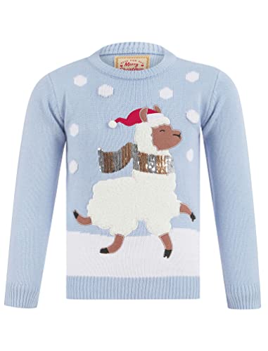 Tokyo Laundry Girls Xmas Lama LED Light Up Novelty Christmas Jumper in Powder Blue – Merry Christmas Kids (4-12yrs) - 5-6 Years