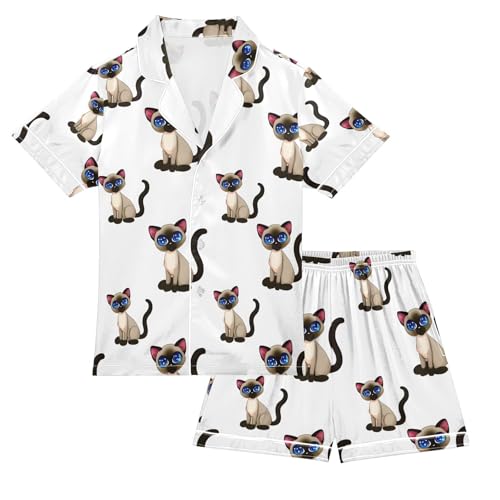 ALAZA Cute Cat Kitten White Pajamas Satin Pajama Set Short Sleeve Button Down Sleepwear