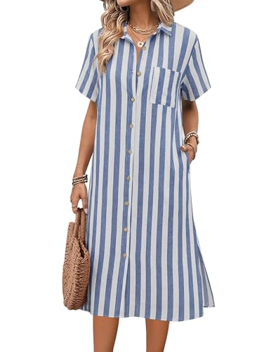 Image of HOTOUCH Womens Dress Summer Casual Midi Short Sleeve Button Down Shirt Dresses Loose Beach Cover Up with Pockets