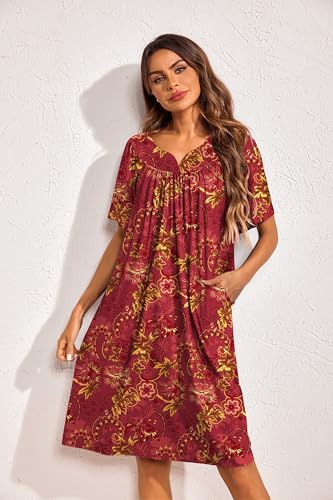 Image of Ekouaer 2 Pack House Dresses for Women with Pockets Short Sleeve Moo Moos Floral Print Mumu Dresses