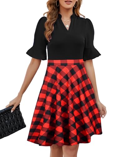 Image of Mokayee Womens Summer V Neck Ruffle Short Sleeve Fit and Flare Knee Length Church Wedding Guest Dresses with Pockets