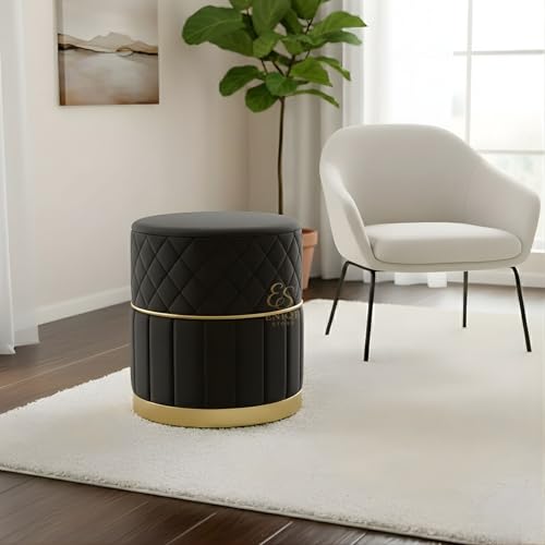 Image of Set of 2 Round Velvet Ottoman Footstool Gold Base - Tufted Upholstered Pouffe Stool for Living Room, Bedroom & Dressing Area (Black)