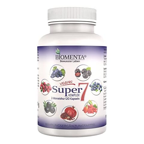 BIOMENTA Super7 - Früchte Mix Komplex - mit OPC Traubenkernextrakt + Cranberry + Goji Berries + Aronia Beeren + Granatapfel + Acai + Heidelbeeren - 2 Monatskur - vegan - 120 Multifrucht Kapseln Cover
