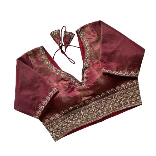 Image of Pujia Mills Women's Silk Jari Embroidery Sequence Work Round Neck Half Sleeve Readymade Blouse