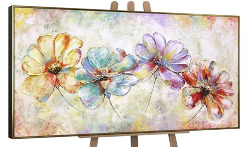 YS Tableau Peinte à la Main Belles Fleurs Toile Abstraite Moderne de Grandes Couleurs Vives Rouge Bleu Beige avec Or avec cadre 160x80 cm