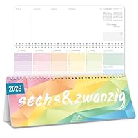 Häfft® Wochen-Tischkalender 2026 quer mit Aufsteller Rainbow 1 Woche 2 Seiten, Schreibtisch-Kalender mit Sprüchen, Wochenkalender 29,7 x 11,6 cm - nachhaltig & klimafreundlich