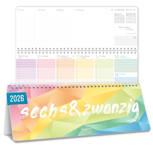 Häfft Wochen-Tischkalender 2026 quer mit Aufsteller Rainbow 1 Woche 2 Seiten Schreibtisch-Kalender mit Sprüchen Wochenkalender 29 7 x 11 6 cm - nachhaltig & klimafreundlich