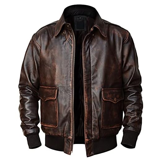 LP-FACON Men's A2 Leather Jacket USAAF Air Force Flight Pilot Aviator Distressed Brown Bomber Leather Outerwear