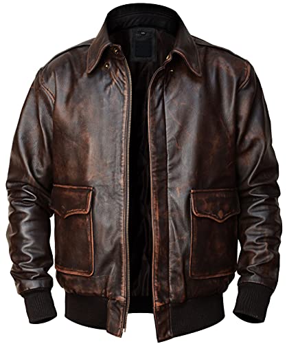 Men's A2 Leather Jacket USAAF Air Force Flight Pilot Aviator Distressed Brown Bomber Leather Outerwear