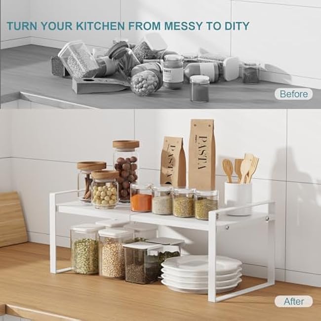 Cabinet Shelf Expandable Cupboard Under Sink Countertop Organizer Riser Rack for Kitchen Pantry Home Organization Extra Storage Space Saver Heavy Duty