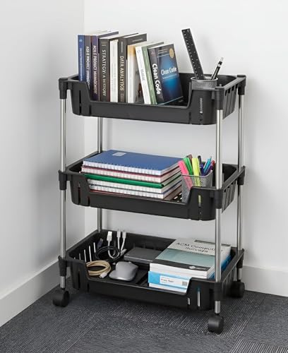 Image of JD FRESH 3-Tier Multi Storage Rack for Home & Kitchen /360-Degree Rotating Wheels with Breathable Kitchen Shelf Storage Rack /Plastic Rolling Cart for Kitchen, Bathroom, Office & Living Room (Black)