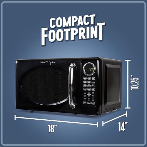 Nostalgia Retro Microwave Oven 0.7 Cu Ft, 700-Watt Countertop Size with Glass Turntable, Child Safety Lock, 8 Auto-Cook Programs, Digital Clock, Black