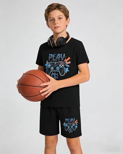 Image of Cakaner Tween Boys Summer Clothes 2 Piece Short Sleeve Graphic T-Shirt and Shorts Casual Outfit Set Size 7-14
