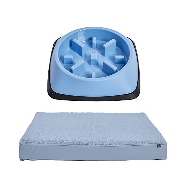 Gorilla Grip Slip Resistant Slow Feeder Pet Bowl and Memory Foam Dog Bed, Pet Bowl Size 6 Cups in Light Blue, Slows Down…