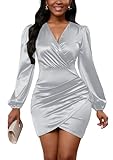 Yajedo Women's Sexy V Neck Long Sleeve Satin Dress Casual Elegant Cocktail Wedding Guest Mini Sheath Bodycon Dresses Silver X-Large