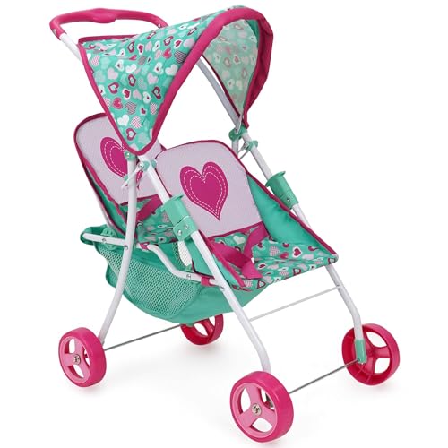 509 Crew: Mint Heart - Tandem Twin Doll Stroller - Hot Pink & Green, Storage Basket, Retractable Canopy, Folding, Accessory, Pretend Play Toy, Kids 3+