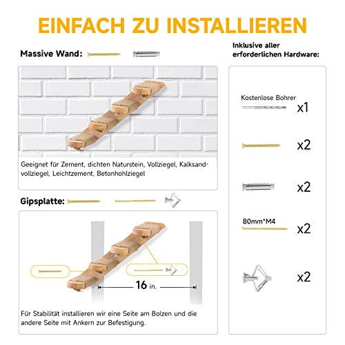 FUKUMARU Kletterwand für Katzen, Katzentreppe Wand, Wandliege aus Massivem Gummiholz, für Katzen bis 15 kg, mit Juteseil zum Kratzen, 40cm
