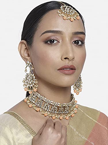 Image of Aheli Elegant Indian Faux Kundan Studded Choker Necklace with Maang Tikka Set Ethnic Wedding Wear Bharatanatyam jewellery set Gift for Women