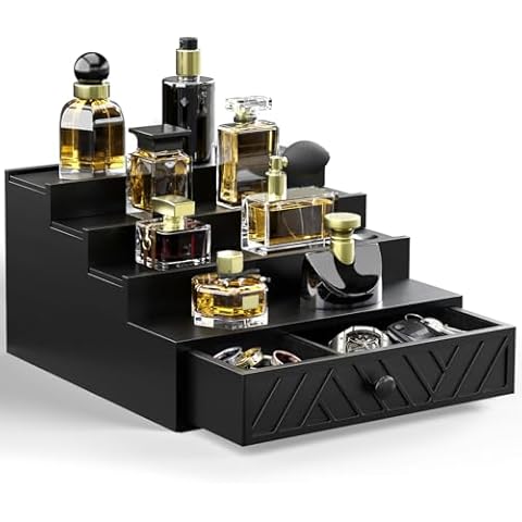 Cologne Organizer for Men, 4 Tier Perfume Organizer with Felt Lining Drawer and Hidden Compartment, Wood Cologne Stand for Watch Jewelry, Black Cologne Perfume Display Holder, Great Gifts for Men Cover