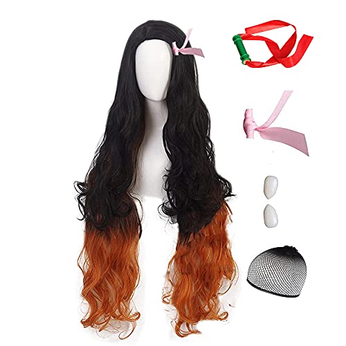 SKYBEAUTY Kamado Nezuko Cosplay Wig with Bamboo Ribbon Fangs,37Inch Long Wavy Black Gradient Orange Wigs,Halloween Christmas Party Wigs for Women, 37 Inch