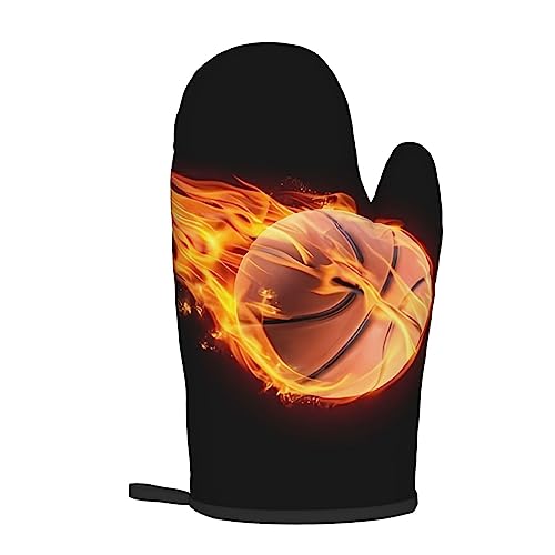 Basketball On Fire Oven Mitts And Pot Holders Set Heat Resistant Oven Glove And Potholder Kitchen Microwave Gloves For Baking Bbq Grilling Cooking Oven Mitts #TOP7