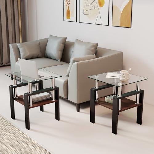 Image of Meihua Glass End Table, Square Glass Side Table, 2-Tier Modern Nightstand with Metal Legs for Living Room&Bedroom (Transparent+Brown, Set of 2)