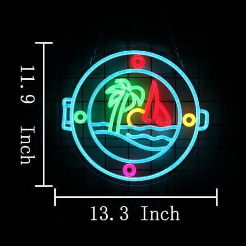 Image of Ship Porthole Neon Sign,Ocean Palm Tree Sign, Summer Holiday Led Light Up for Room Decor, Tropical Island Led Sign For Wall Decor Party Decor Gifts